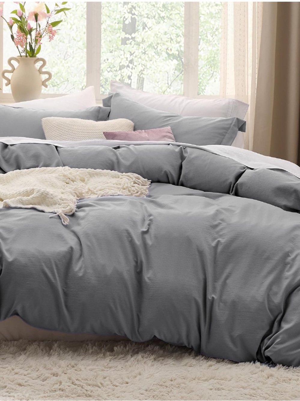 Bedsure Prewashed Duvet Cover Queen, Cotton-Like Soft Bedding Set, Grey